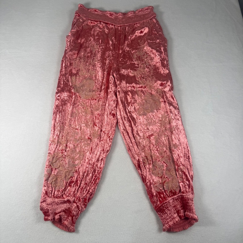 Anthropologie Velvet Joggers Womens Large Pink Embroidered Boho Rosie Pants